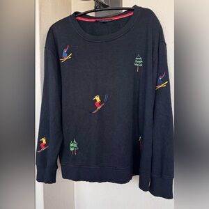 Jane & Delancey Sweatshirt Black Embroidered Skiers Crew Neck Ribbed Small